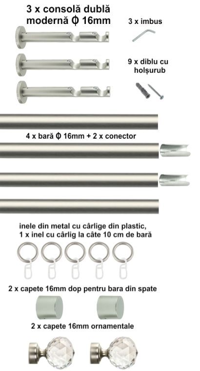 Galerie metalica Cristal dubla moderna 16mm x 4.0m, satin nichel (argintiu mat) - imagine 2