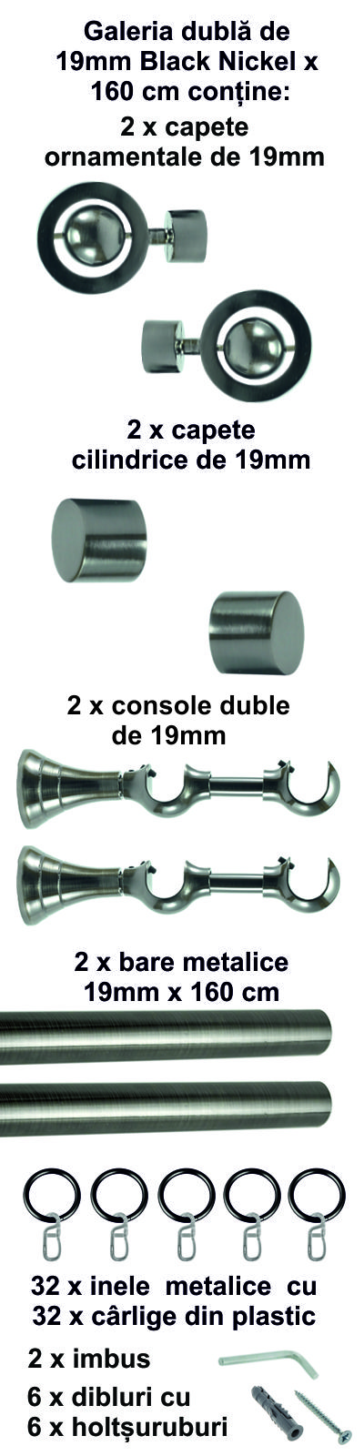 Galerie metalica Seti dubla 19mm x 1.6m, Black Nickel