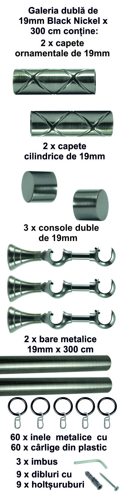 Galerie metalica Ciel dubla 19mm x 3.0m, Black Nickel