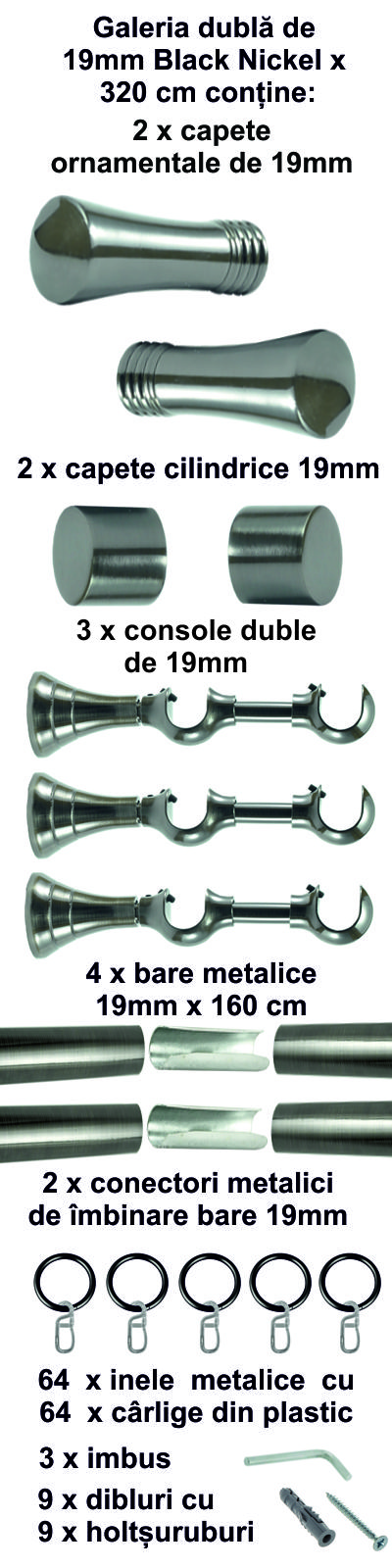 Galerie metalica Ahile dubla 19mm x 3.2m, Black Nickel