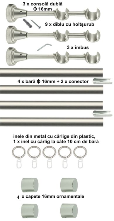 Galerie metalica Luna dubla 16 mm, satin nichel (argintiu mat) - imagine 7