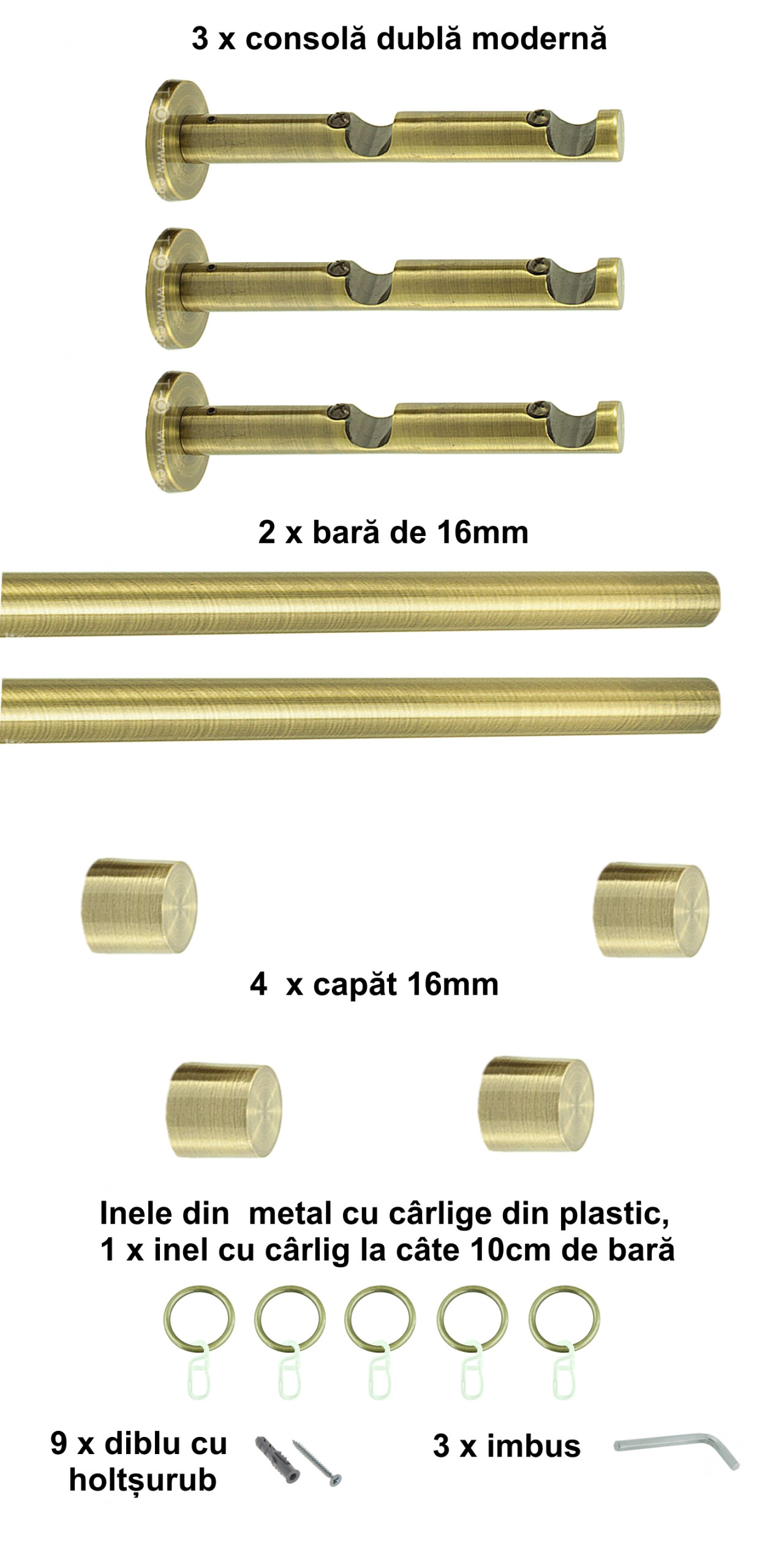 Galerie metalica Luna dubla moderna 16 mm, antique brass (auriu antic) - imagine 5