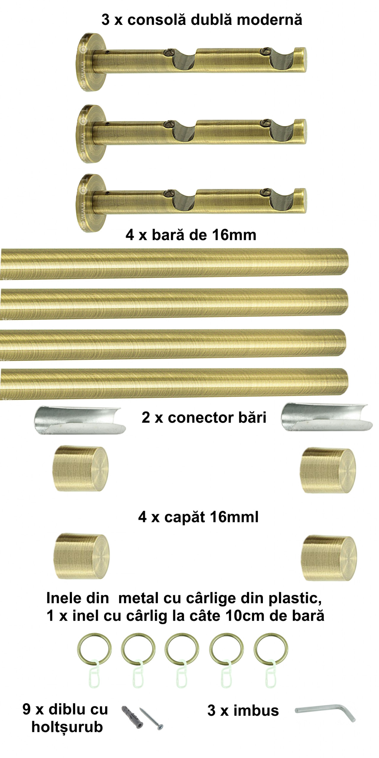 Galerie metalica Luna dubla moderna 16 mm, antique brass (auriu antic) - imagine 6