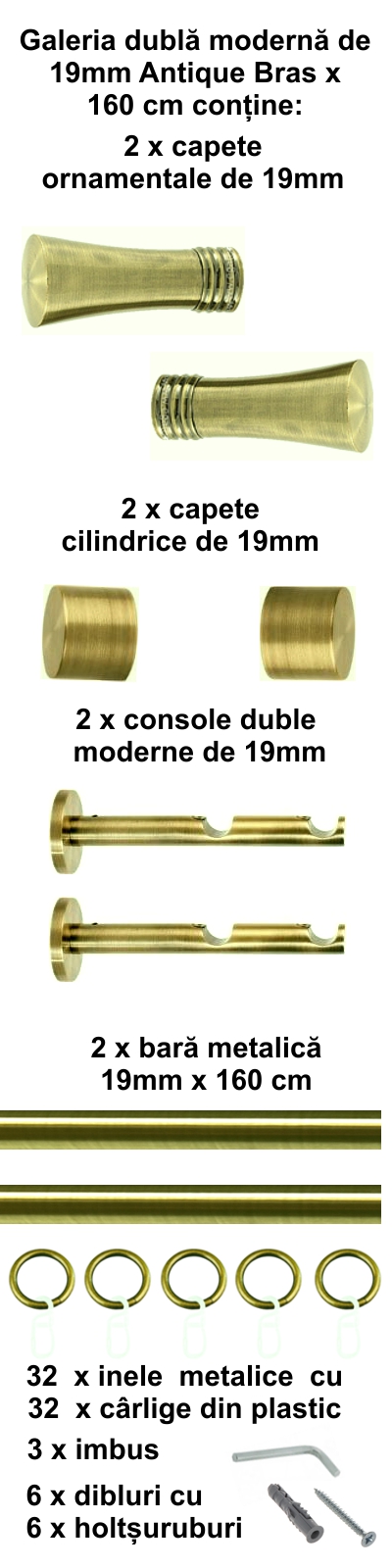 Galerie metalica Ahile dubla moderna 19 mm, antique brass (auriu antic) - imagine 2