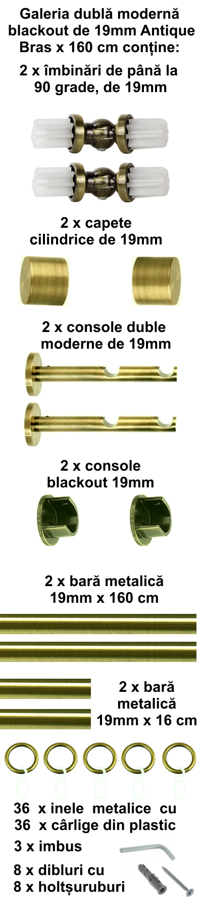 Galerie metalica Blackout dubla moderna 19 mm, antique brass (auriu antic) - imagine 2