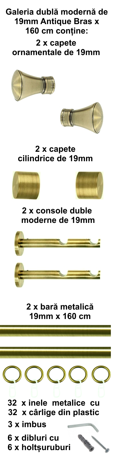 Galerie metalica Conic dubla moderna 19 mm, antique brass (auriu antic) - imagine 2