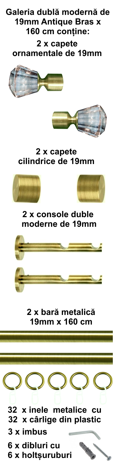 Galerie metalica Cristal dubla moderna 19 mm, antique brass (auriu antic) - imagine 2