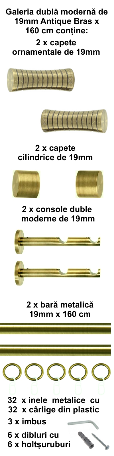 Galerie metalica Febris dubla moderna 19 mm, antique brass (auriu antic) - imagine 2