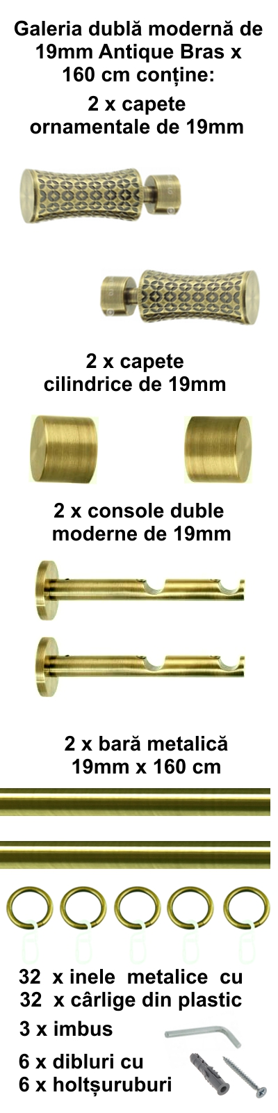 Galerie metalica Jaris dubla moderna 19 mm, antique brass (auriu antic) - imagine 2