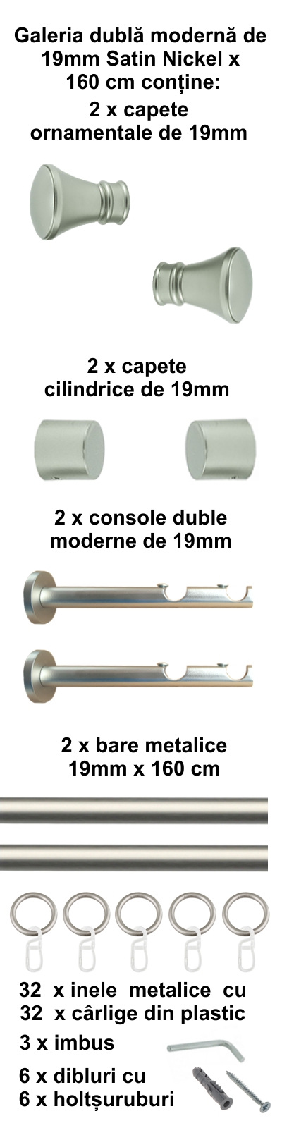Galerie metalica Conic dubla moderna 19 mm, satin nichel (argintiu mat) - imagine 2