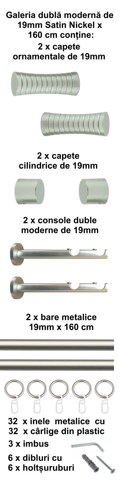 Galerie metalica Febris dubla moderna 19 mm, satin nichel (argintiu mat) - imagine 2