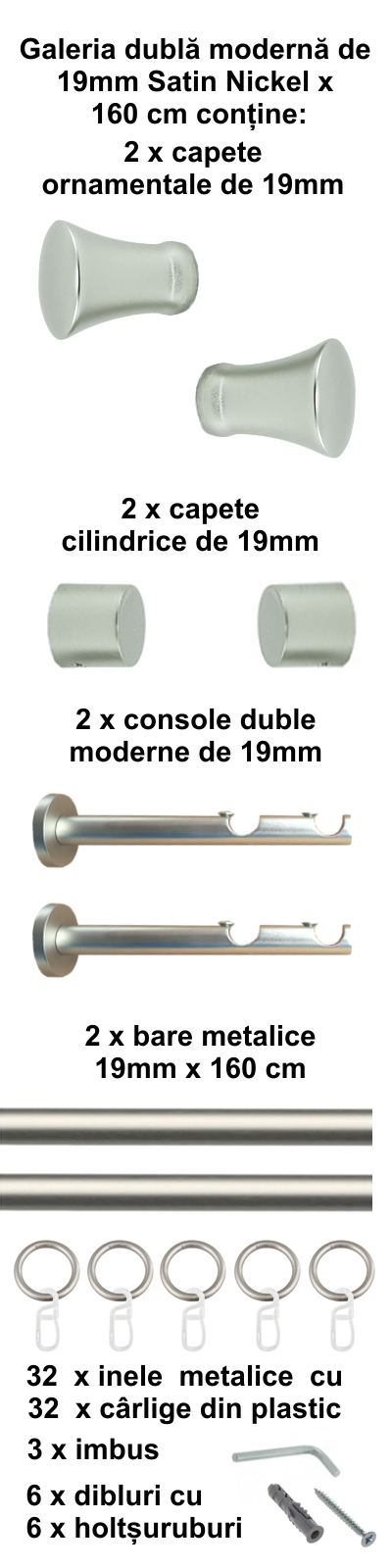 Galerie metalica Monaco dubla moderna 19 mm, satin nichel (argintiu mat) - imagine 2