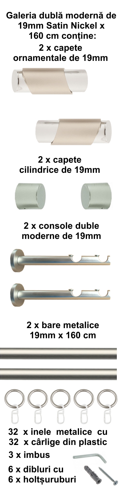 Galerie metalica Paris dubla moderna 19 mm, satin nichel (argintiu mat) - imagine 2