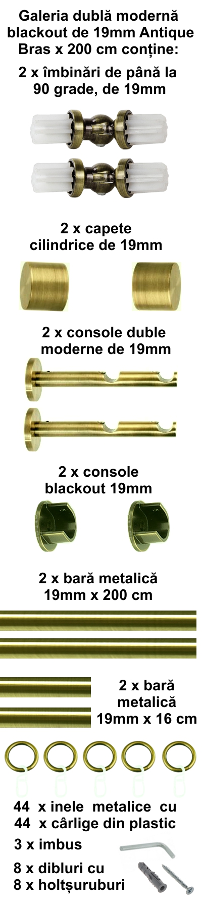 Galerie metalica Blackout dubla moderna 19 mm, antique brass (auriu antic) - imagine 3