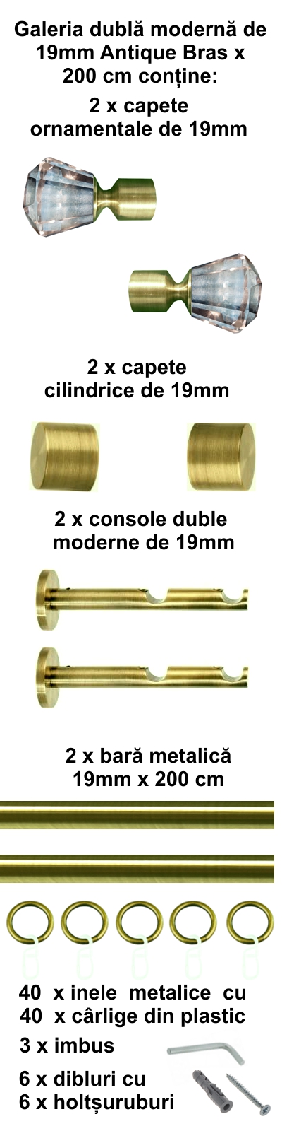 Galerie metalica Cristal dubla moderna 19 mm, antique brass (auriu antic) - imagine 3