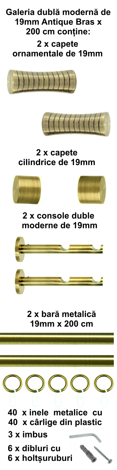 Galerie metalica Febris dubla moderna 19 mm, antique brass (auriu antic) - imagine 3