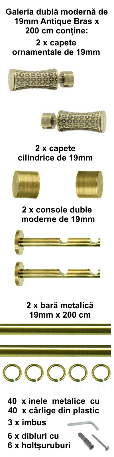 Galerie metalica Jaris dubla moderna 19 mm, antique brass (auriu antic) - imagine 3