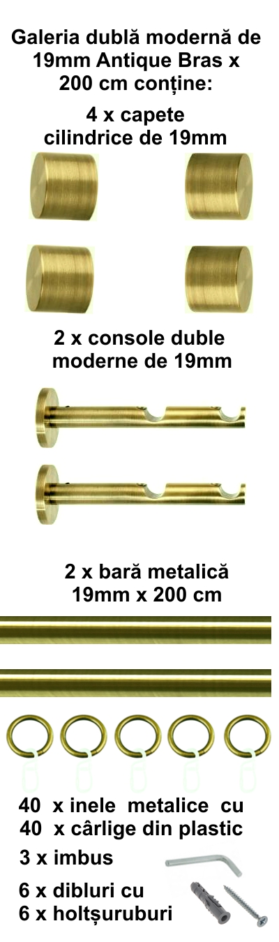 Galerie metalica Luna dubla moderna 19 mm, antique brass (auriu antic) - imagine 3