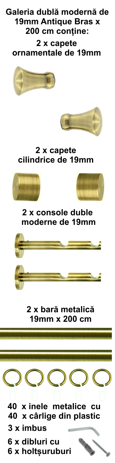 Galerie metalica Monaco dubla moderna 19 mm, antique brass (auriu antic) - imagine 3