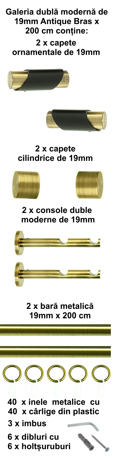 Galerie metalica Paris dubla moderna 19 mm, antique brass (auriu antic) - imagine 3