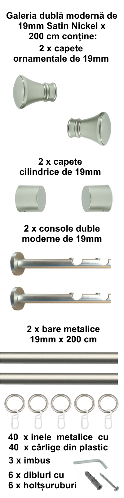 Galerie metalica Conic dubla moderna 19 mm, satin nichel (argintiu mat) - imagine 4