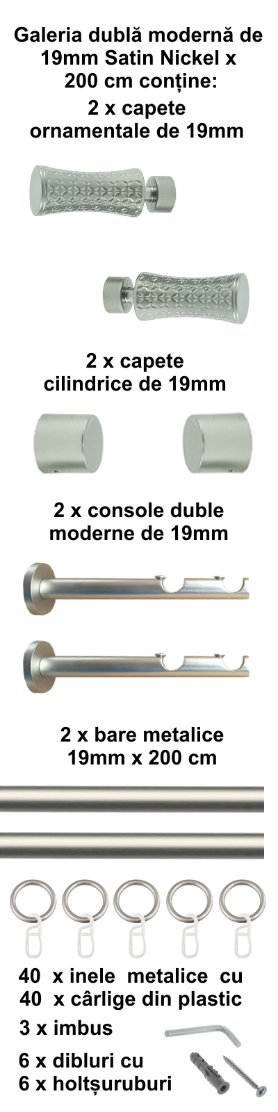 Galerie metalica Jaris dubla moderna 19 mm, satin nichel (argintiu mat) - imagine 4