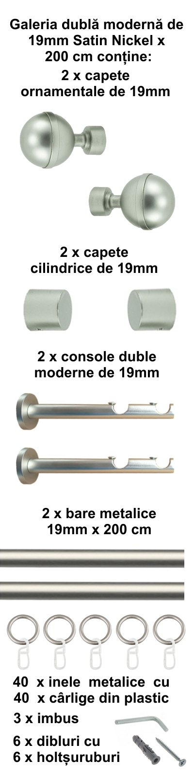 Galerie metalica Kalisto dubla moderna 19 mm, satin nichel (argintiu mat) - imagine 2