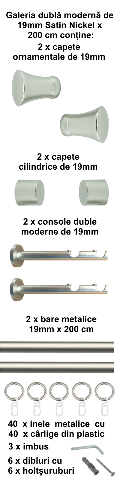 Galerie metalica Monaco dubla moderna 19 mm, satin nichel (argintiu mat) - imagine 4