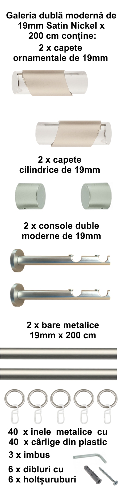 Galerie metalica Paris dubla moderna 19 mm, satin nichel (argintiu mat) - imagine 4