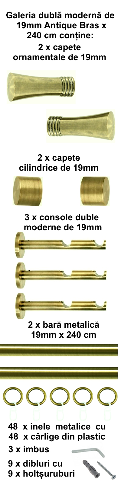Galerie metalica Ahile dubla moderna 19 mm, antique brass (auriu antic) - imagine 4