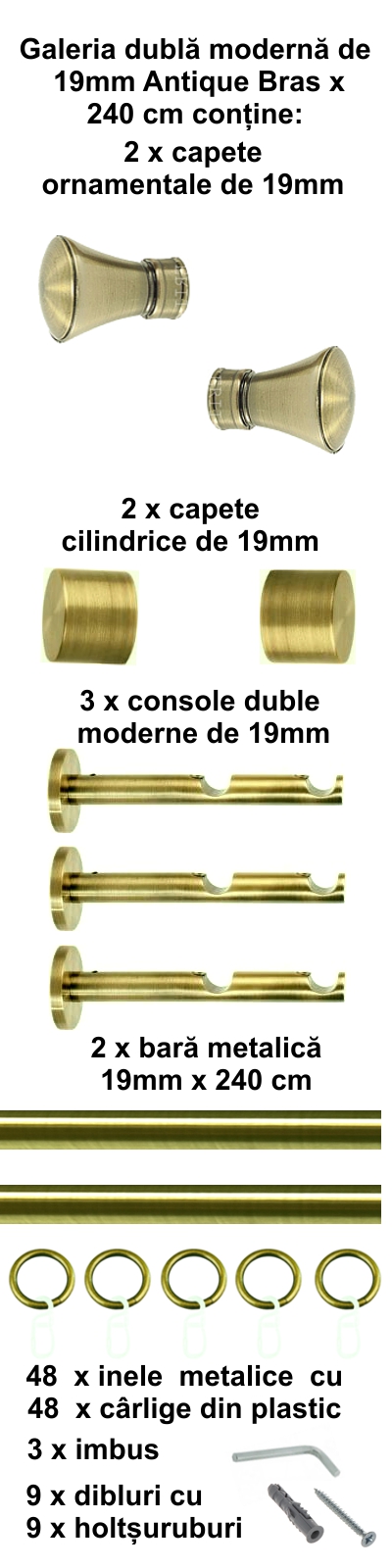 Galerie metalica Conic dubla moderna 19 mm, antique brass (auriu antic) - imagine 4