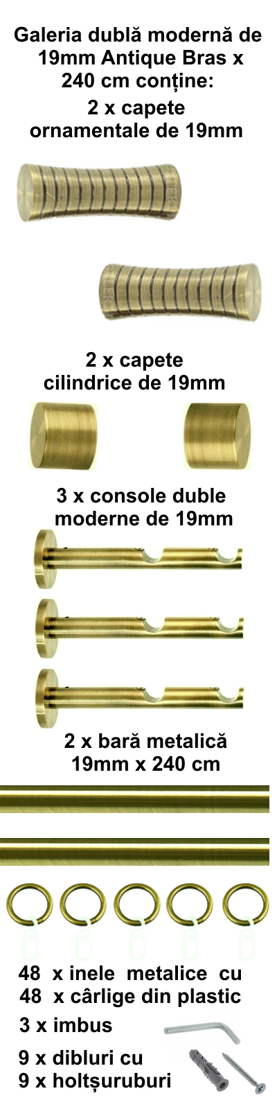 Galerie metalica Febris dubla moderna 19 mm, antique brass (auriu antic) - imagine 4