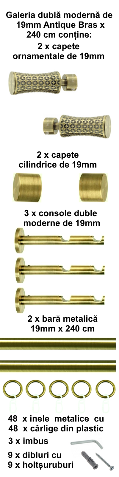 Galerie metalica Jaris dubla moderna 19 mm, antique brass (auriu antic) - imagine 4