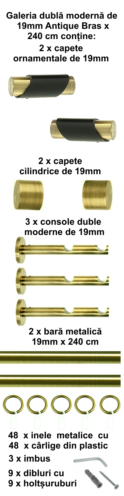 Galerie metalica Paris dubla moderna 19 mm, antique brass (auriu antic) - imagine 4