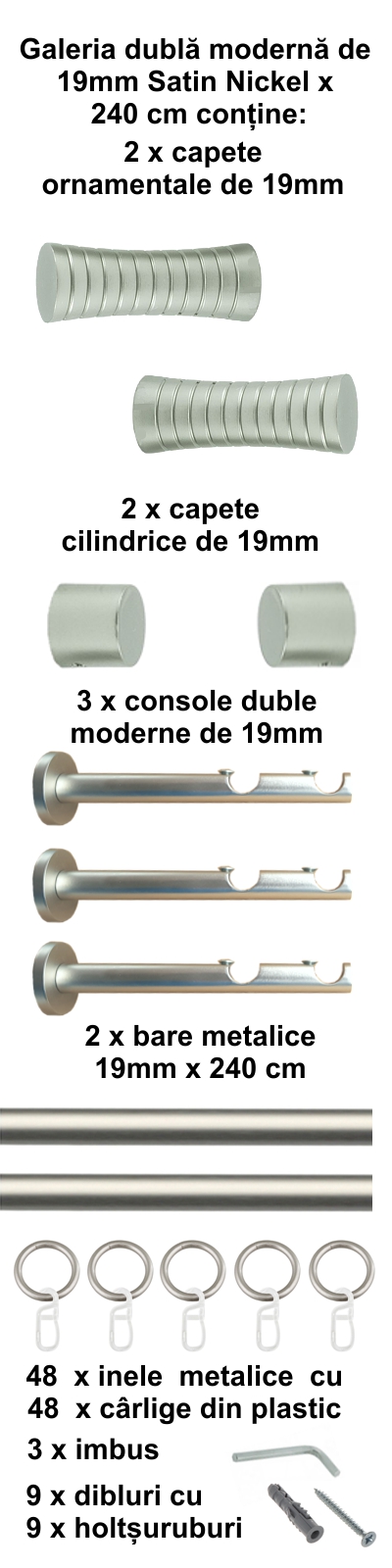 Galerie metalica Febris dubla moderna 19 mm, satin nichel (argintiu mat) - imagine 5