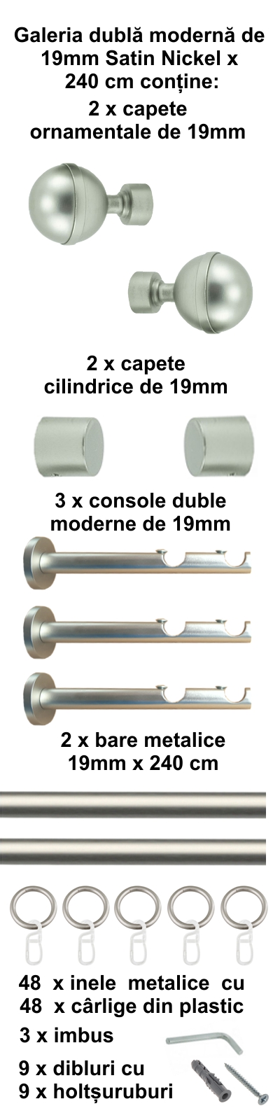 Galerie metalica Kalisto dubla moderna 19 mm, satin nichel (argintiu mat) - imagine 4