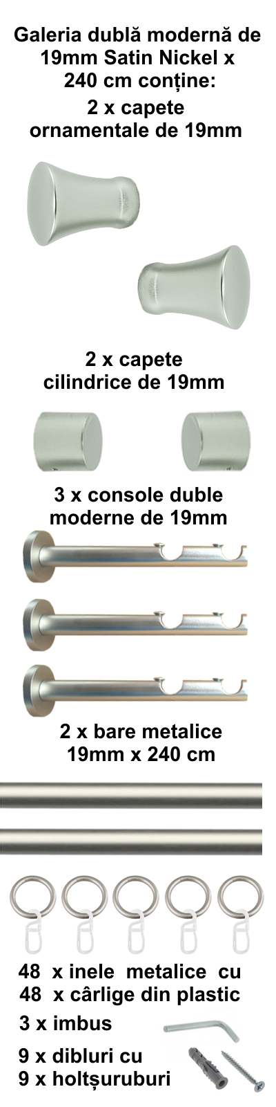 Galerie metalica Monaco dubla moderna 19 mm, satin nichel (argintiu mat) - imagine 5
