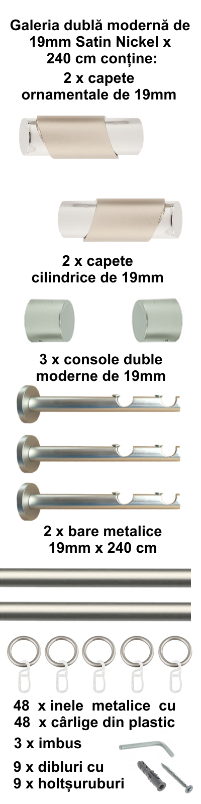 Galerie metalica Paris dubla moderna 19 mm, satin nichel (argintiu mat) - imagine 5