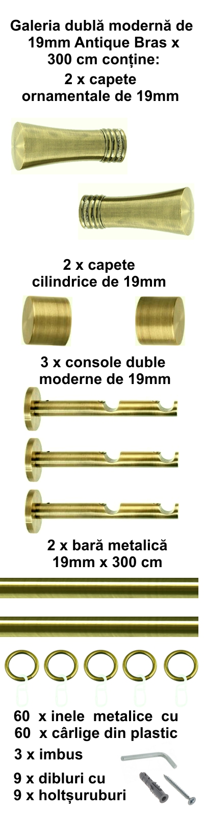Galerie metalica Ahile dubla moderna 19 mm, antique brass (auriu antic) - imagine 5