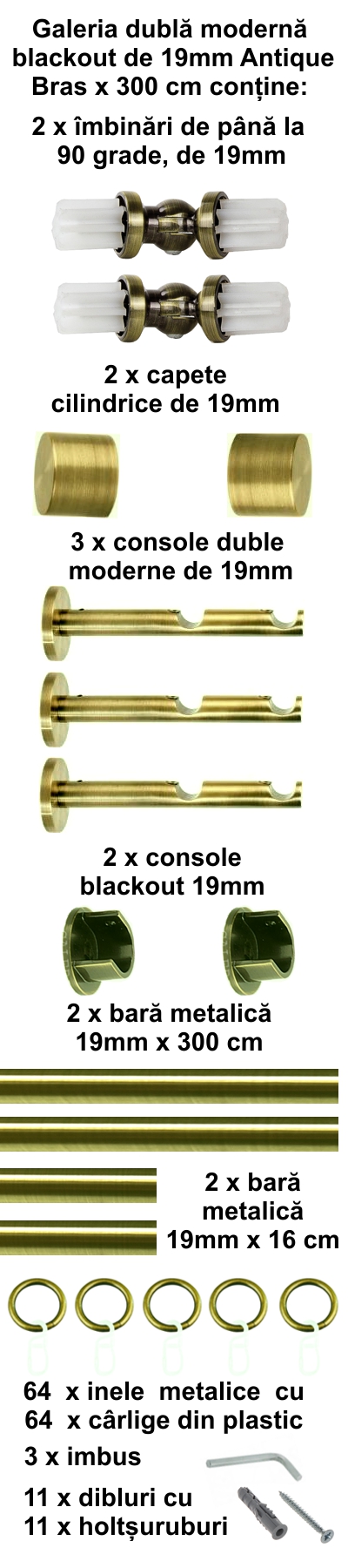 Galerie metalica Blackout dubla moderna 19 mm, antique brass (auriu antic) - imagine 5