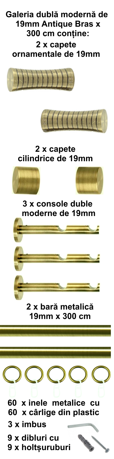 Galerie metalica Febris dubla moderna 19 mm, antique brass (auriu antic) - imagine 5