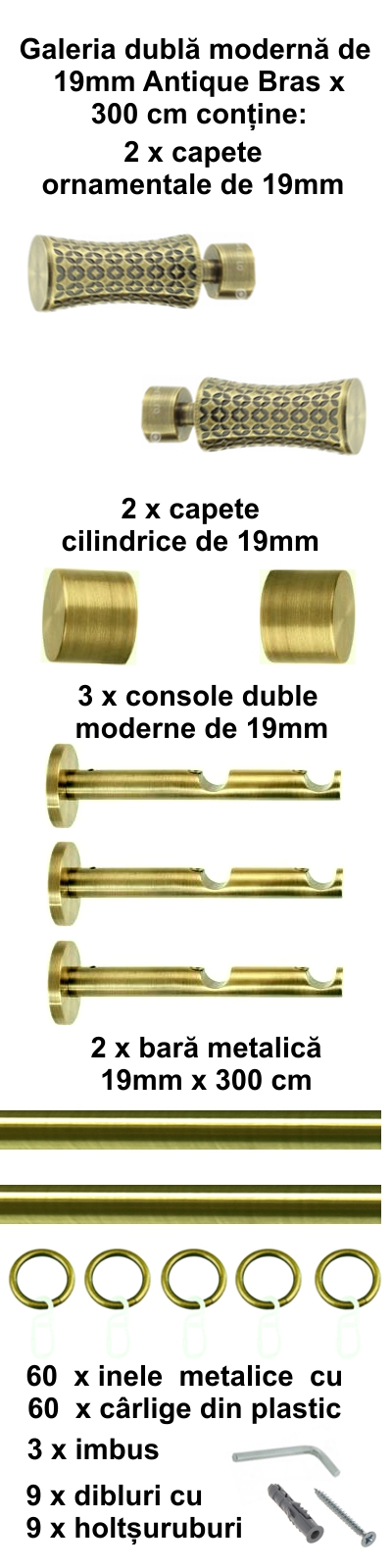 Galerie metalica Jaris dubla moderna 19 mm, antique brass (auriu antic) - imagine 5