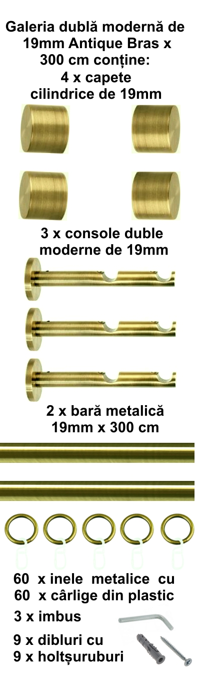 Galerie metalica Luna dubla moderna 19 mm, antique brass (auriu antic) - imagine 5