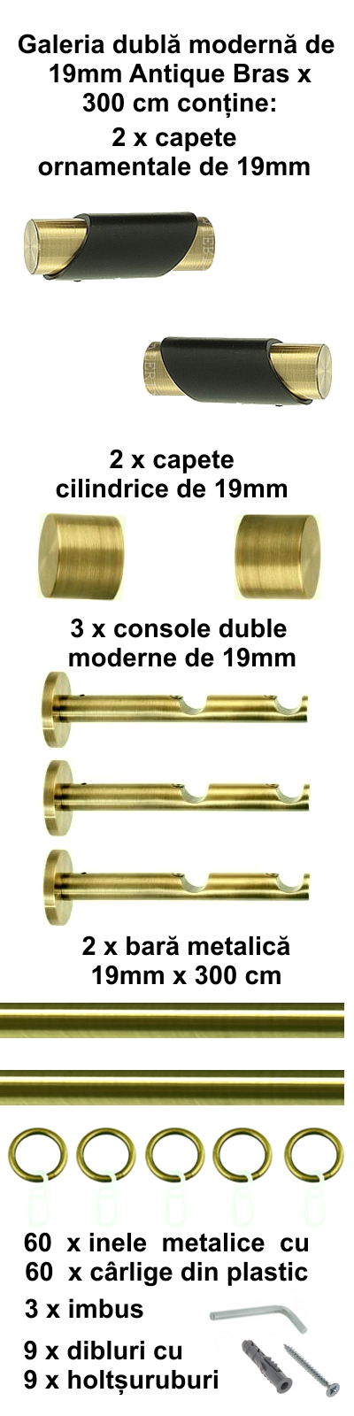 Galerie metalica Paris dubla moderna 19 mm, antique brass (auriu antic) - imagine 5