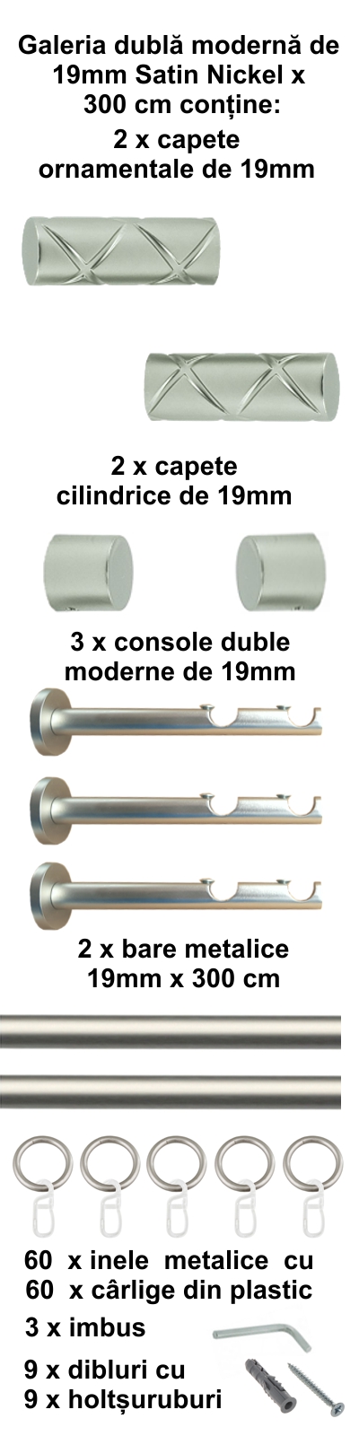 Galerie metalica Ciel dubla moderna 19 mm, satin nichel (argintiu mat) - imagine 6