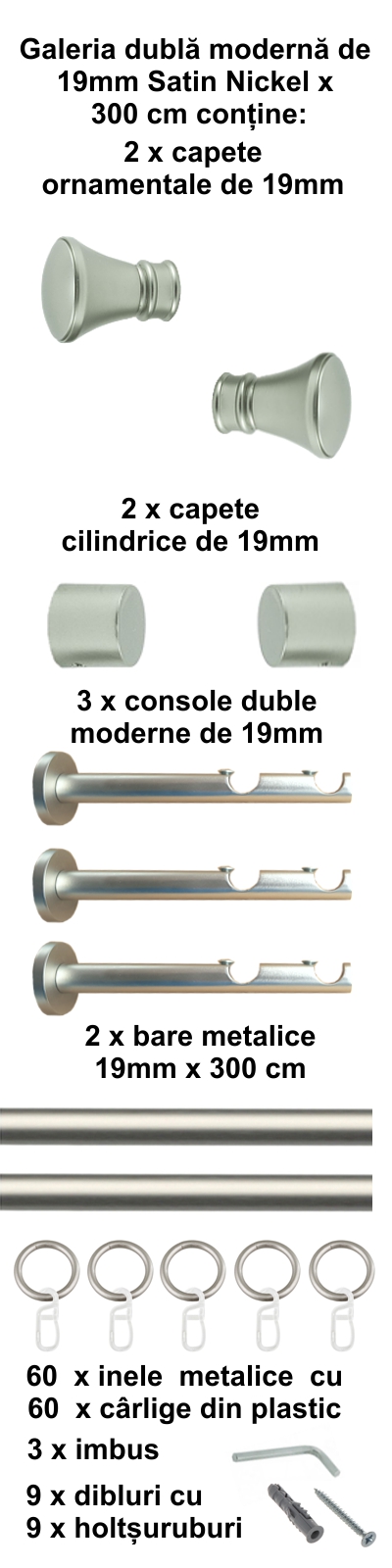 Galerie metalica Conic dubla moderna 19 mm, satin nichel (argintiu mat) - imagine 6