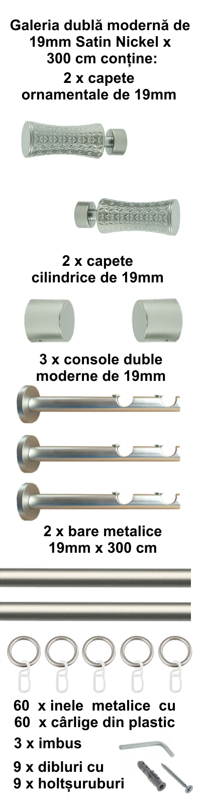 Galerie metalica Jaris dubla moderna 19 mm, satin nichel (argintiu mat) - imagine 6
