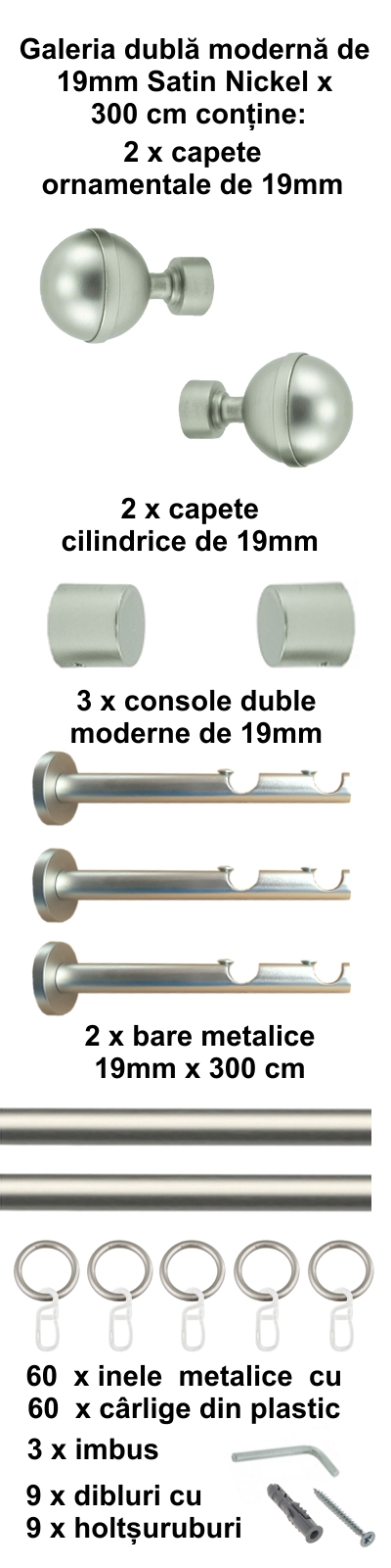 Galerie metalica Kalisto dubla moderna 19 mm, satin nichel (argintiu mat) - imagine 6