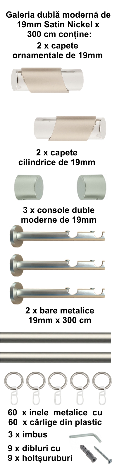 Galerie metalica Paris dubla moderna 19 mm, satin nichel (argintiu mat) - imagine 6