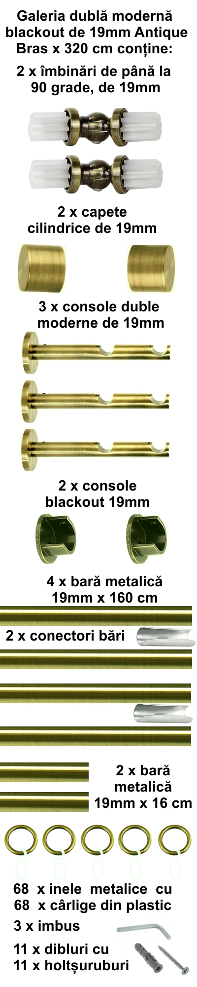 Galerie metalica Blackout dubla moderna 19 mm, antique brass (auriu antic) - imagine 6